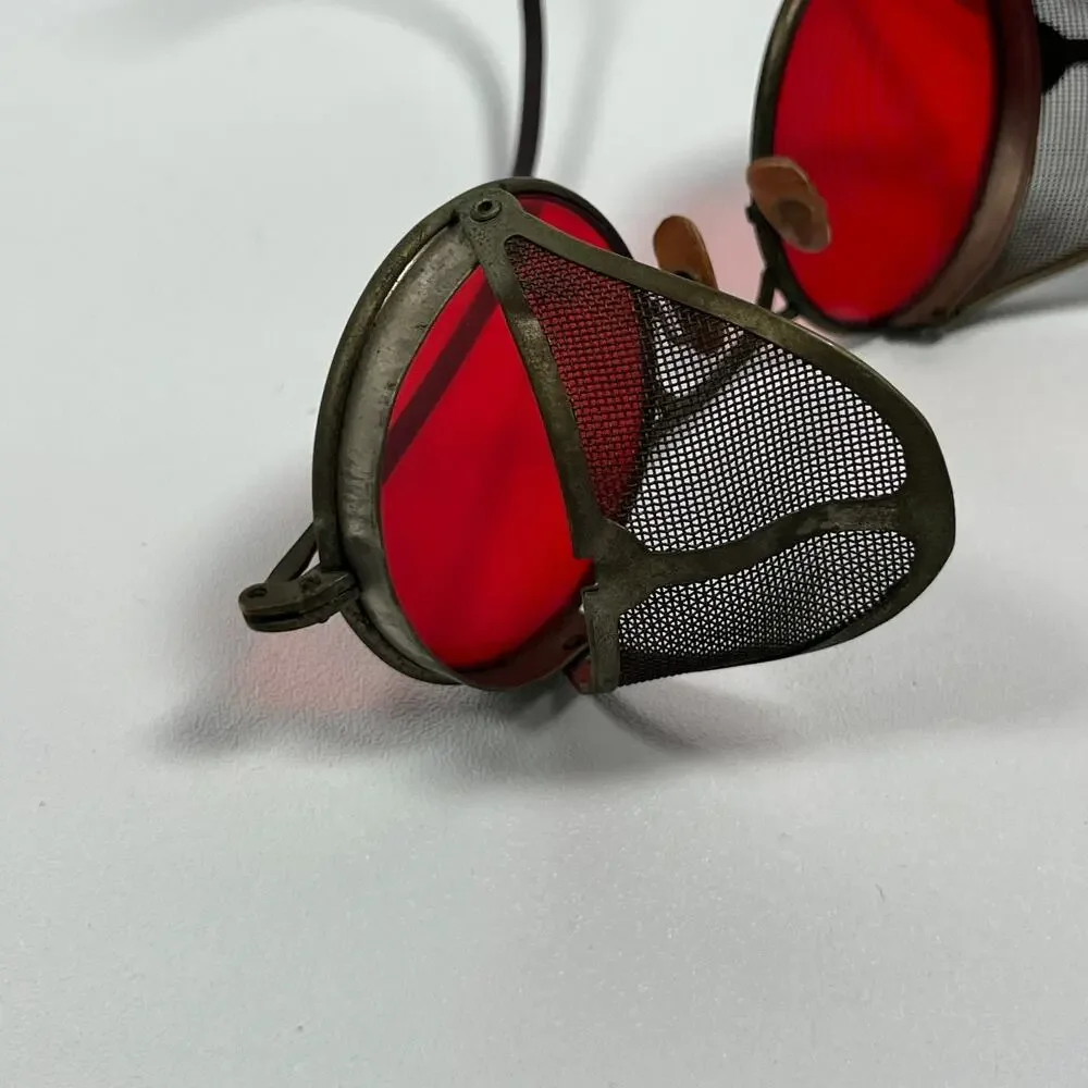 WELSH Safety Goggles WWII Sunglasses Red Lenses Metal Mesh Sides Steampunk VTG